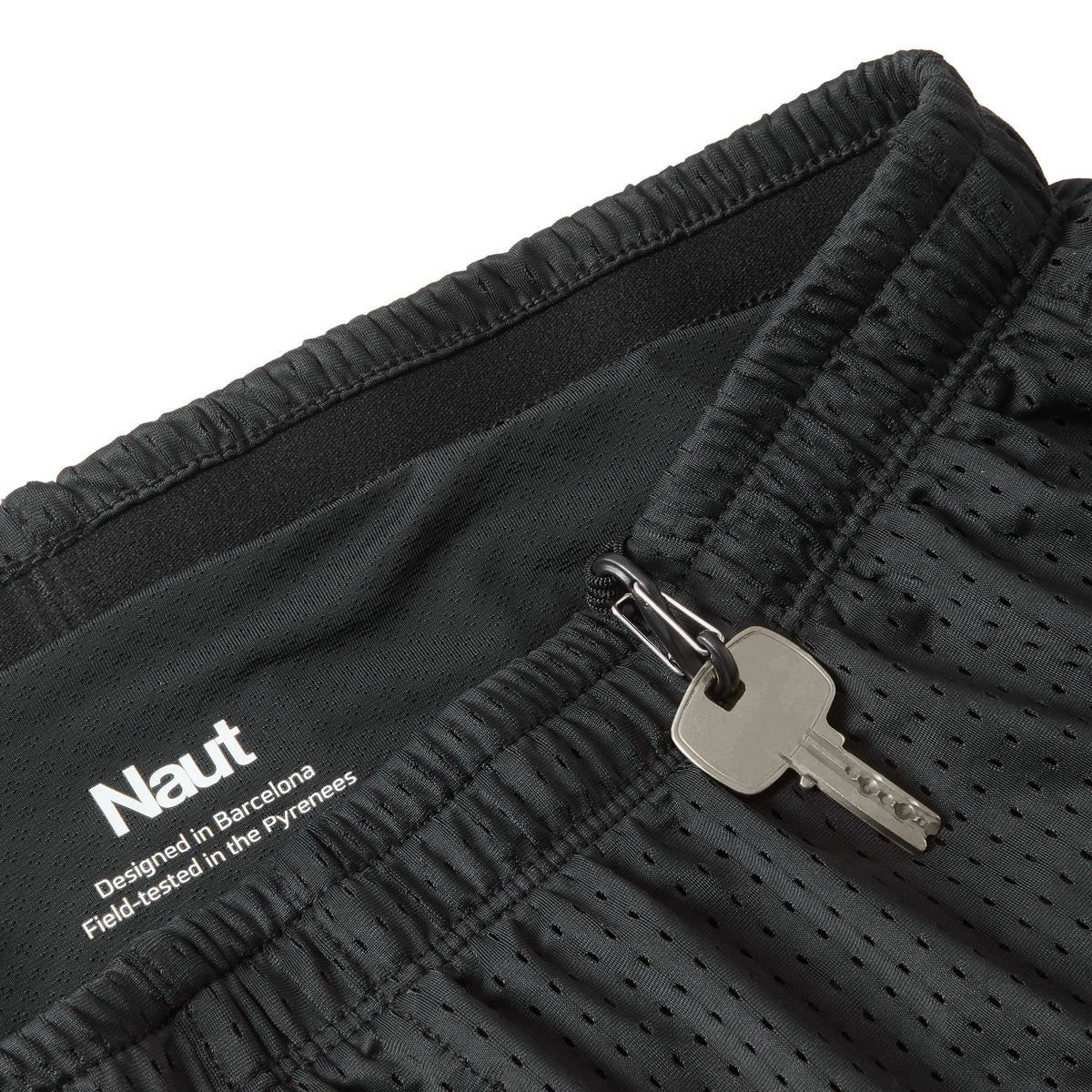 Black | macro2 | Naut Horat 5-inch perforated running shorts for men, close-up detail